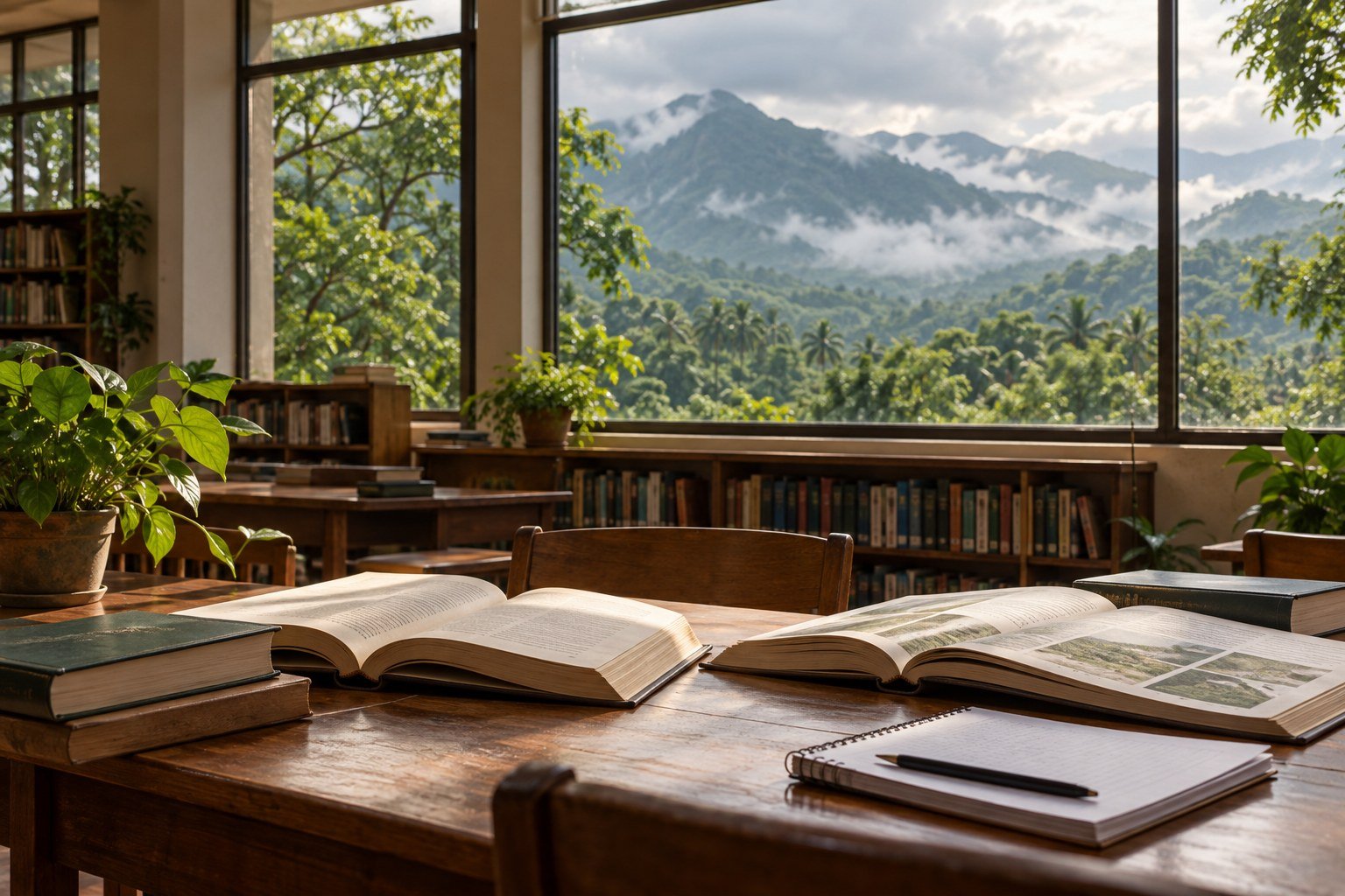 Books in a sunlit reading space with green hills outside; illustrative educational image